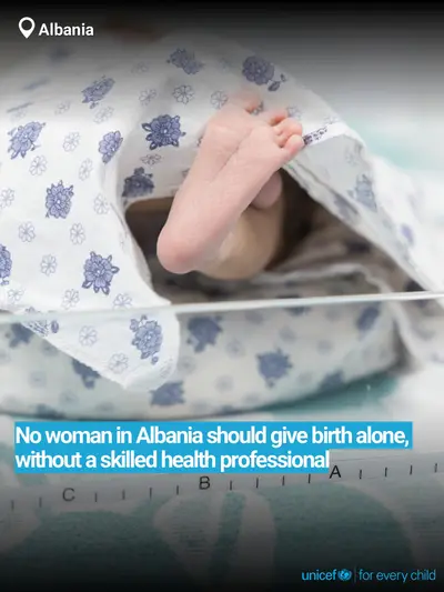 Skilled birth attendance tile for Albania, Bold number · English