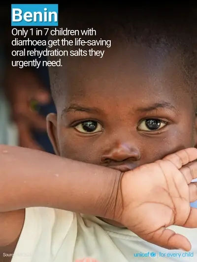 Oral rehydration salts tile for Benin, Photo · English