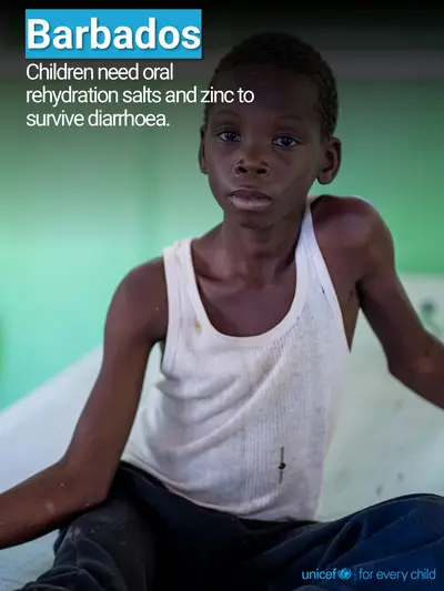 Oral rehydration salts tile for Barbados, Photo · English