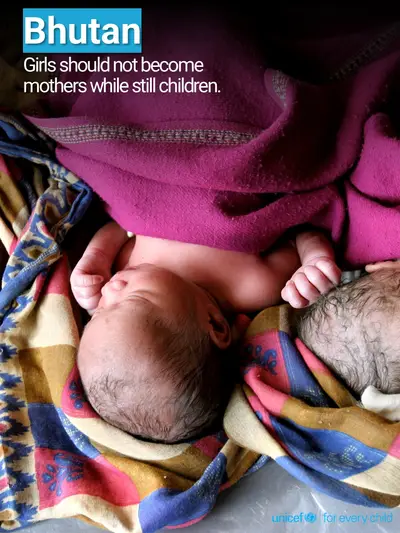 Adolescent motherhood tile for Bhutan, Photo · English