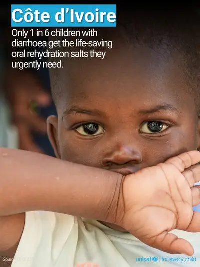 Oral rehydration salts tile for Côte d'Ivoire, Photo · English