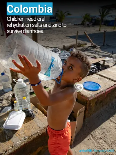 Oral rehydration salts tile for Colombia, Photo · English
