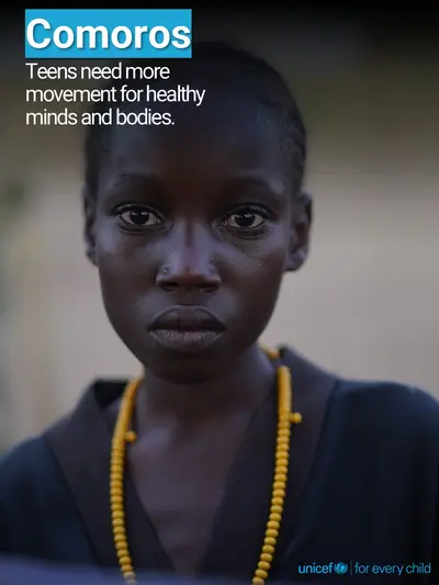 Adolescent physical activity tile for Comoros, Photo · English