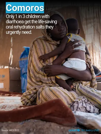 Oral rehydration salts tile for Comoros, Photo · English