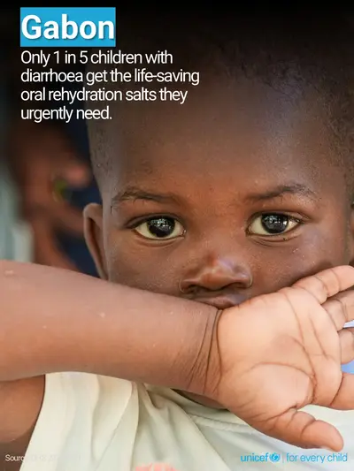 Oral rehydration salts tile for Gabon, Photo · English