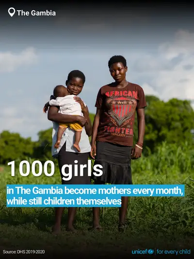 Adolescent motherhood tile for Gambia, Bold number · English