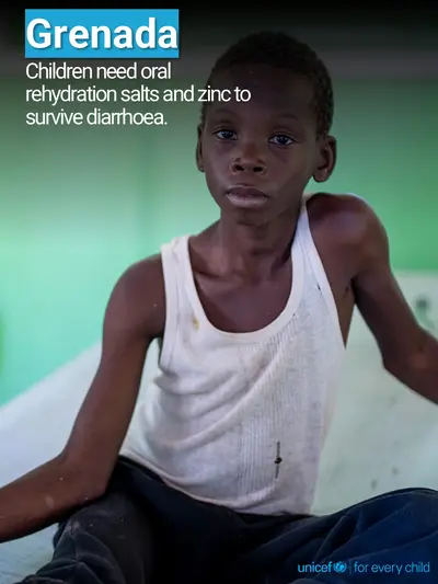 Oral rehydration salts tile for Grenada, Photo · English