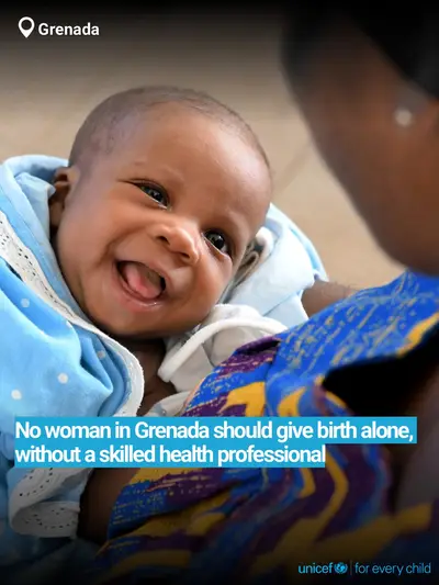 Skilled birth attendance tile for Grenada, Bold number · English
