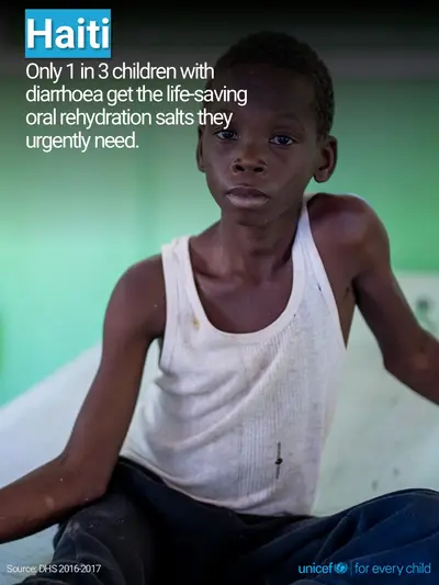 Oral rehydration salts tile for Haiti, Photo · English