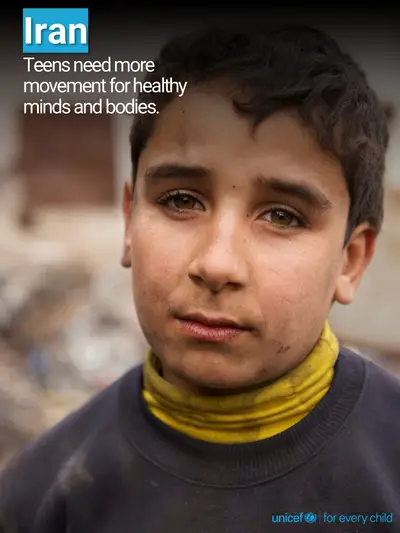 Adolescent physical activity tile for Iran (Islamic Republic of), Photo · English