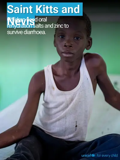 Oral rehydration salts tile for Saint Kitts and Nevis, Photo · English