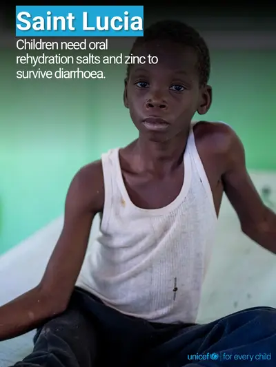 Oral rehydration salts tile for Saint Lucia, Photo · English