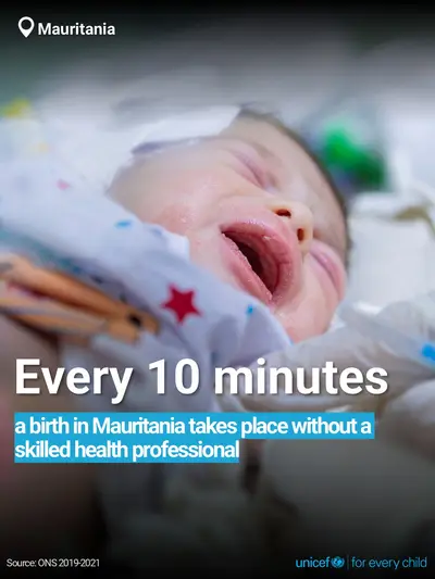 Skilled birth attendance tile for Mauritania, Bold number · English