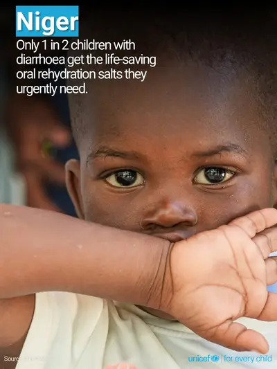 Oral rehydration salts tile for Niger, Photo · English