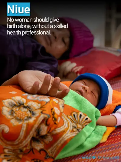 Skilled birth attendance tile for Niue, Photo · English