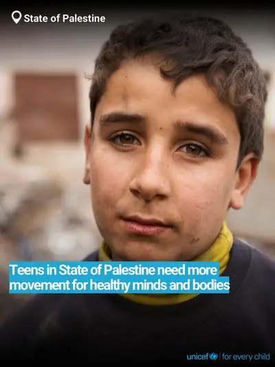 Adolescent physical activity tile for State of Palestine, Bold number · English