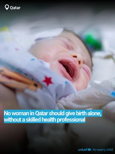Skilled birth attendance tile for Qatar, Bold number · English
