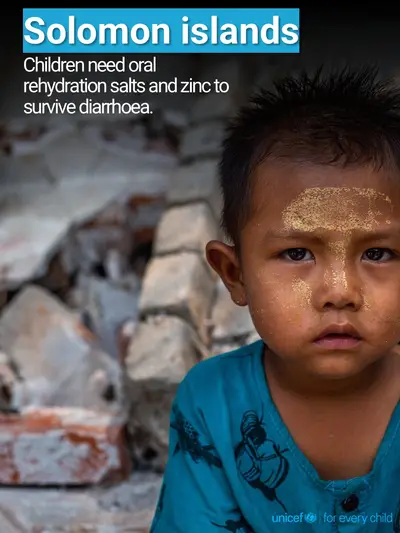 Oral rehydration salts tile for Solomon Islands, Photo · English