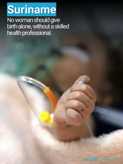 Skilled birth attendance tile for Suriname, Photo · English