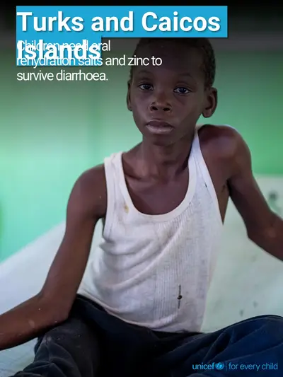 Oral rehydration salts tile for Turks and Caicos Islands, Photo · English