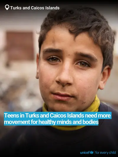 Adolescent physical activity tile for Turks and Caicos Islands, Bold number · English