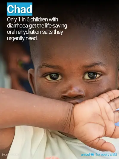Oral rehydration salts tile for Chad, Photo · English