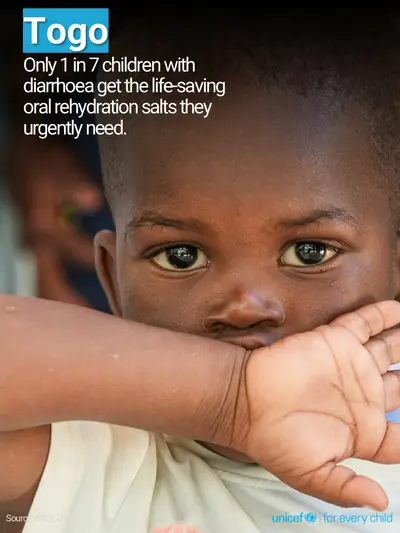 Oral rehydration salts tile for Togo, Photo · English