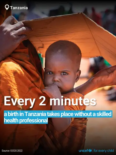 Skilled birth attendance tile for United Republic of Tanzania, Bold number · English