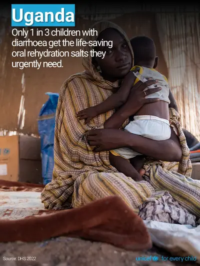 Oral rehydration salts tile for Uganda, Photo · English