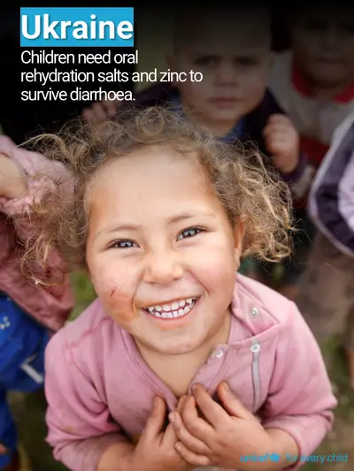 Oral rehydration salts tile for Ukraine, Photo · English