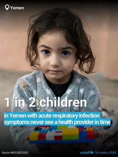Childhood pneumonia tile for Yemen, Bold number · English